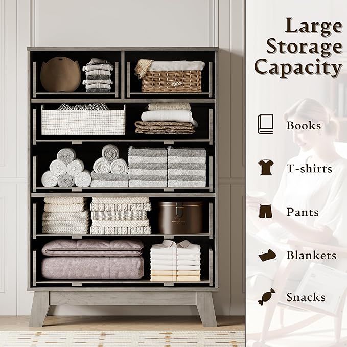 BORNOON 46" Tall Dresser for Bedroom, 6-Drawer Fluted Chest of Drawers, Modern Wood Highboy with Deep Storage, Metal Slides and Handles, Anti-Tip Kit, Vertical Clothes Organizer for Apartment, Nursery