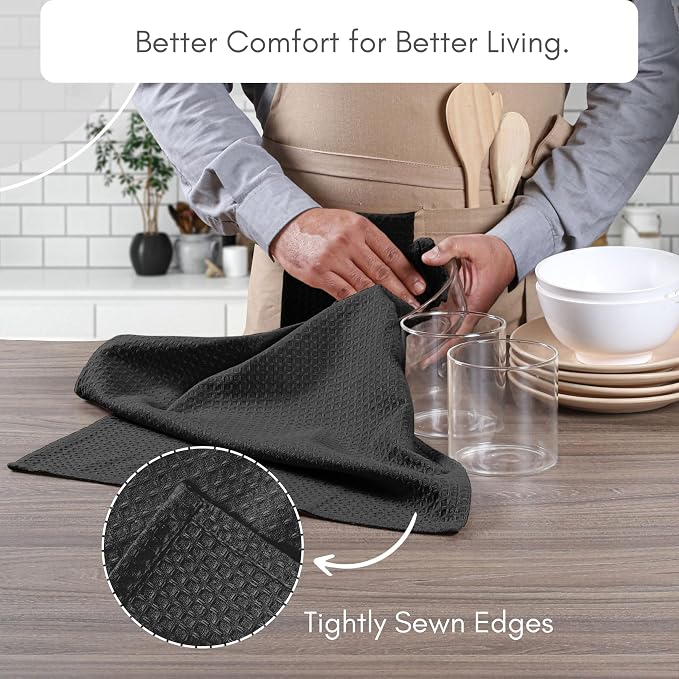 TWINY threads Waffle Kitchen Towel 4 Pack, 16x26 Inches, Premium 100% Cotton Dish Cloths Set with Hanging Loop, Absorbent, Quick Drying Cloths for Drying Dishes, Machine Washable, Black