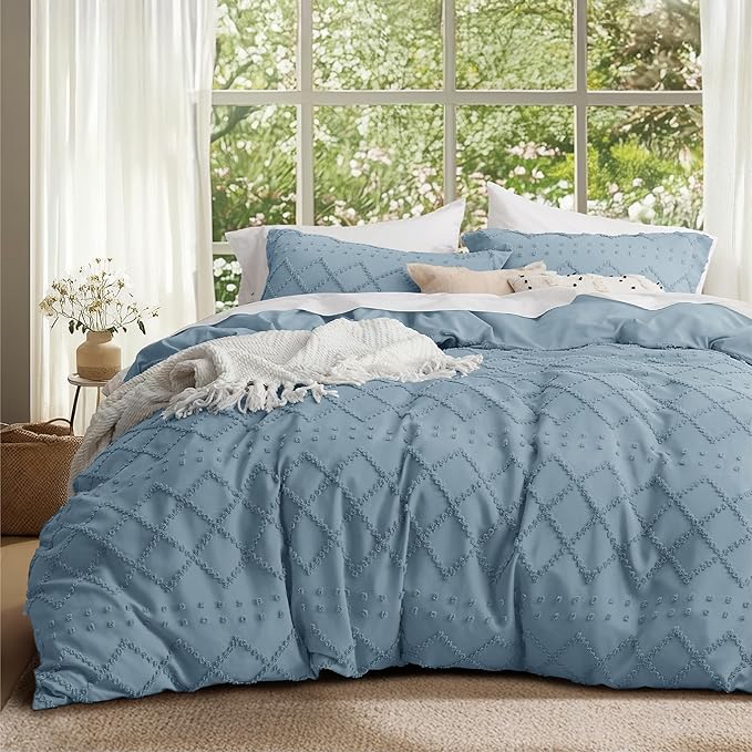 Bedsure Boho Twin Duvet Cover Size - Mineral Blue Breathable & Soft Boho Bedding, Machine Washable Comforter Cover for All Seasons, Includes 1 Duvet Cover 68"x90" with 1 Pillow Sham & Zipper Closure