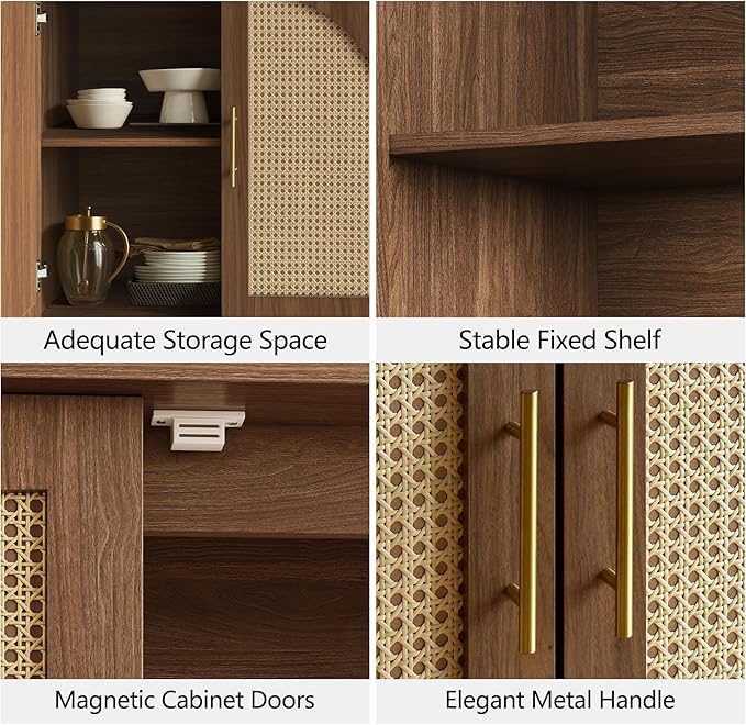 FORTUNETEC Sideboard Buffet Cabinet with Storage Set of 3, Modern Accent Cabinet with Rattan Arched Doors, Modular Media Console, Boho Credenza for Living Room Kitchen Dining Room Entryway, Walnut
