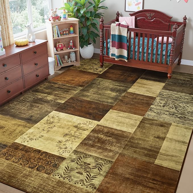 Tepook 8x10 Area Rugs for Living Room, Modern Large Geometric Rug for Bedroom, Washable Patchwork Rug Indoor Non Slip Throw Carpets for Dining Room Office Farmhouse Home Decor, Brown
