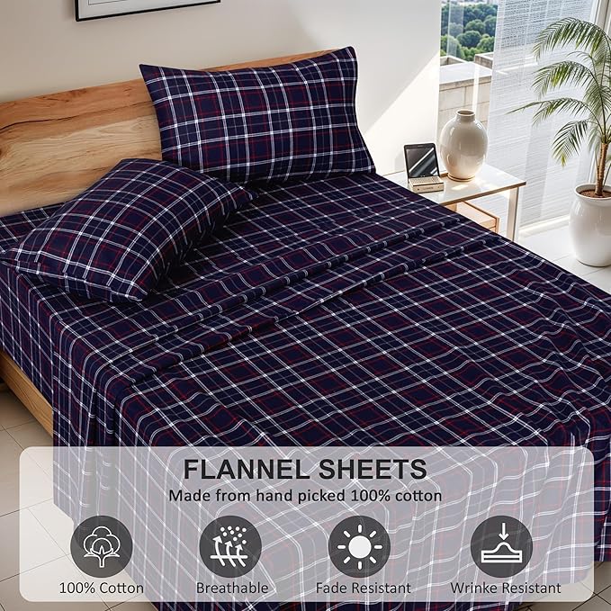 RUVANTI Flannel Sheets Full Size - 100% Cotton Double Brushed Bed Sheets Set, Deep Pockets 16 Inches, All Seasons Breathable & Extra Soft Full Sheets, Warm & Cozy, 4 Piece, Yankees Blue