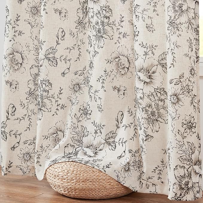 jinchan Pinch Pleated Curtains Floral Linen Blend Curtains for Living Room 90 Inches Length Black Peony Flower Printed Curtain Rod Pocket Back Tab Farmhouse Pinch Pleat Drapes with Hooks Set 2 Panels