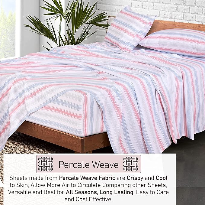 RUVANTI 100% Cotton Twin Sheets Set, 3 Pieces, Soft & Breathable Percale Weave Bedding, Deep Pocket 16", Hotel Standard, Crisp Cool Feel, Durable, Perfect Striped Bed Sheet, Times
