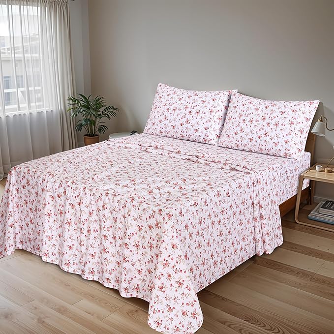 RUVANTI 100% Cotton King Size Sheets Set, 4 Pieces, Soft & Breathable Percale Weave Bedding, Deep Pocket 16", Hotel Standard, Crisp Cool Feel, Durable, Perfect Floral Bed Sheet, Bouquet