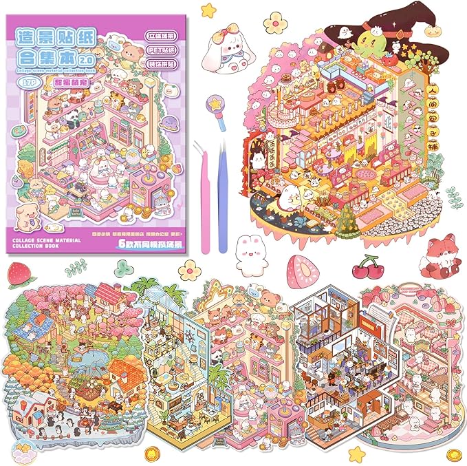 ASTARON 6 Sets DIY 3D Sticker Scene Book Sticker Therapy for Adults, Make Your Own Mini Cozy Shop House Room Stickers Cute Cartoon Miniature Stickers, Relief Stress Pass The Time