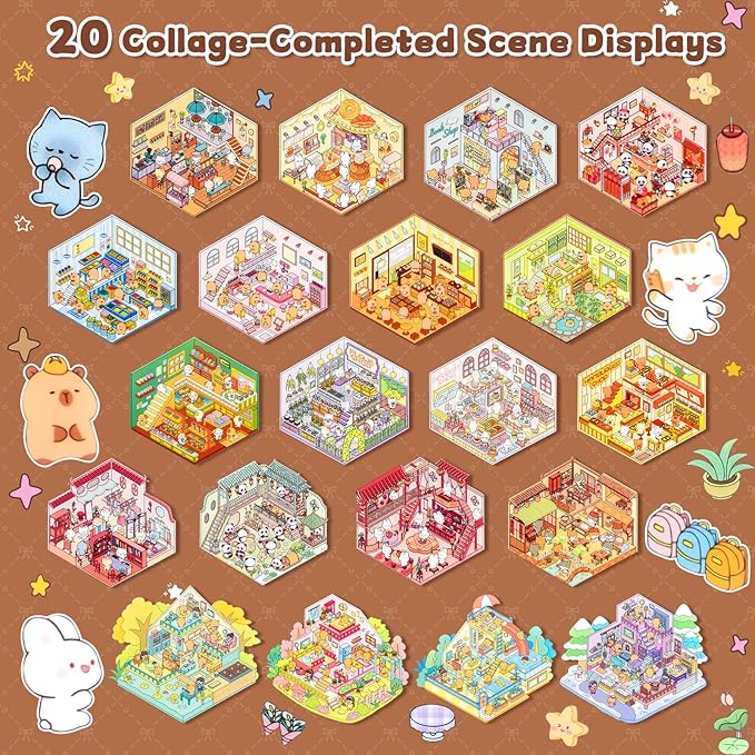 ASTARON 20 Sets DIY 3D Sticker Scene Book Sticker Therapy for Adults, Make Your Own Mini Cozy Shop House Room Stickers Cute Cartoon Miniature Stickers, Relief Stress Pass The Time
