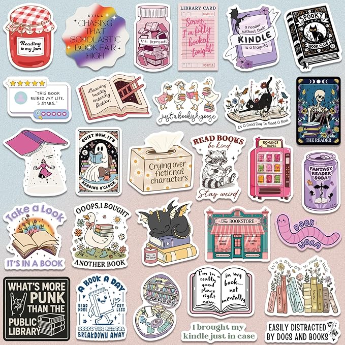 300 PCS Book Stickers for Kindle, Bookish Sticker Pack Reading Glitter Waterproof Vinyl Decals for Laptop, Ebook Readers, Water Bottles, Phone, Journal, Scrapbook, No Repeats (Holographic)