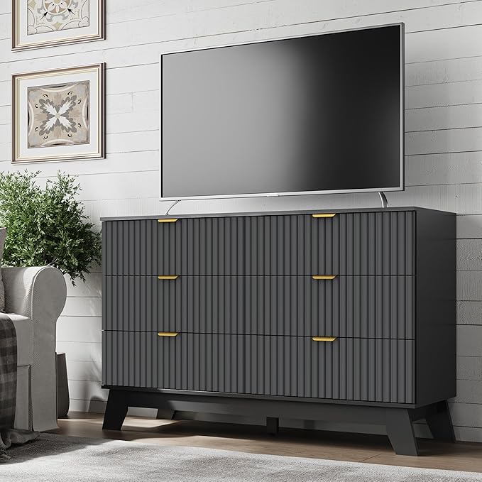 BORNOON Fluted 6 Drawer Dresser, 47.2" Wide Modern Boho Chest of Drawers, Wooden Storage Dresser TV Stand for Bedroom, Living Room, Closet, Hallway, Curved Profile Design