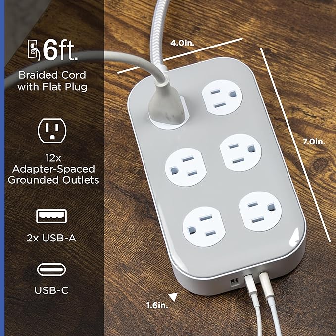 GE 12-Outlet Surge Protector with 6ft Braided Cord, Power Strip, Extension Cord, Flat Plug, 2 USB-A & 1 USB-C Port, 2100 Joules, for Home School & Office, Charging Station, White, 84214