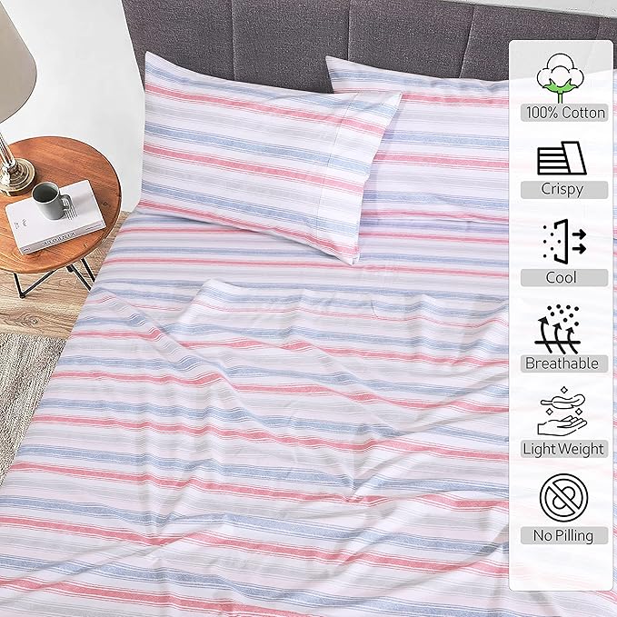 RUVANTI 100% Cotton Sheets Queen Size Set, 4 Pieces, Soft & Breathable Percale Weave Bedding, Deep Pocket 16", Hotel Standard, Crisp Cool Feeling, Durable, Perfect Striped Bed Sheet, Times