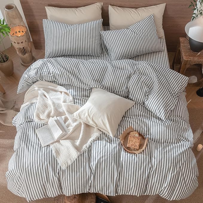 MooMee Striped Duvet Cover Set 100% Washed Cotton Linen Like Textured Breathable Durable Soft Comfy (Dark Grey White Classic Stripes, Palatial King/Oversized King 120"x98")