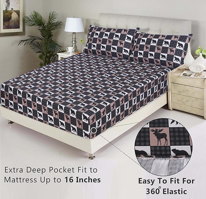 RUVANTI Flannel Sheets King Size - 100% Cotton Brushed King Size Sheets Set - Deep Pockets 16 Inches Bed Sheets - All Seasons Breathable & Extra Soft - Warm & Cozy, 4 Piece, Wilderness Plaid