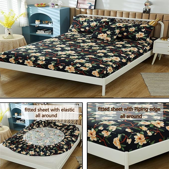FADFAY Sheets Set King Shabby Black and Yellow Floral Bedding Elegant Peony Sheets Set Vintage Farmhouse Bedding Soft 100% Egyptian Cotton 800 Thread Count Deep Pocket Fitted Sheet, 4Pcs-King Size