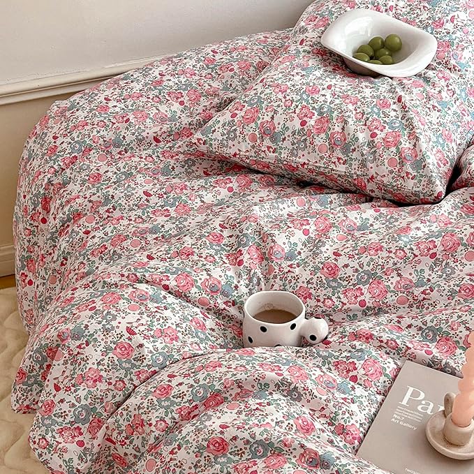 HighBuy Boho Comforter Twin XL Size Pink Floral Rabbit Bedding Comforter Sets 3 Piece French Country Style Cozy Fluffy Comforters for Teen Girls Kids,Cute Flower Bedding Collection for All Season