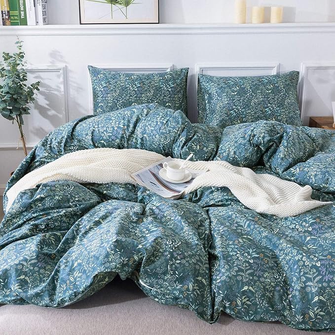 Vintage Floral Duvet Cover Small Blue Flower Duvet Cover Full Size Garden Style Floral Comforter Cover 100% Cotton Aesthetic Cottagecore Bedding Set Flower Botanical Comforter Cover with Zipper Ties