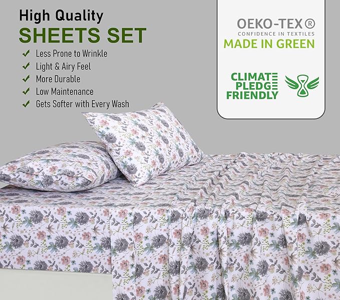 RUVANTI 100% Cotton Full Size Bed Sheets, 4 Pieces, Soft & Breathable Percale Weave Bedding, Deep Pocket 16", Hotel Standard, Crisp Cool Feel, Durable, Perfect Sheet Set Floral, Dandelion Field
