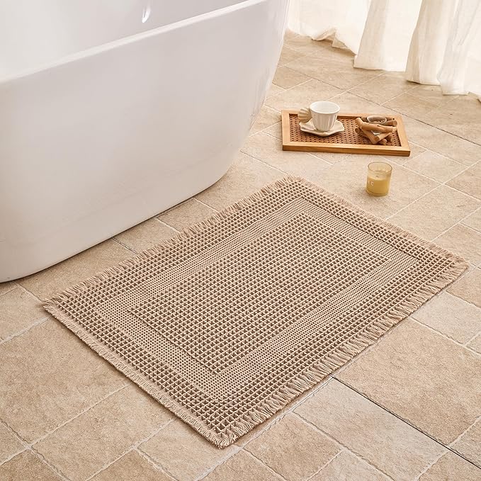 Waffle Bath Mat Non Slip, Boho Bathroom Rug, Super Absorbent Quick Dry Bathroom Mat, Soft Farmhouse Bath Rug with Tassels, Small Washable Shower Mats for Floor 20"x32", Square Brown