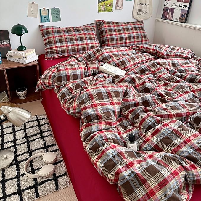 LifeTB Vintage Buffalo Plaid Comforter Set Twin XL, 3 Pieces Red Brown Grid Checkered Comforter with 2 Pillowcases, Breathable Soft Farmhouse Grid Pattern Printed Plaid Gingham Bedding Comforter Set