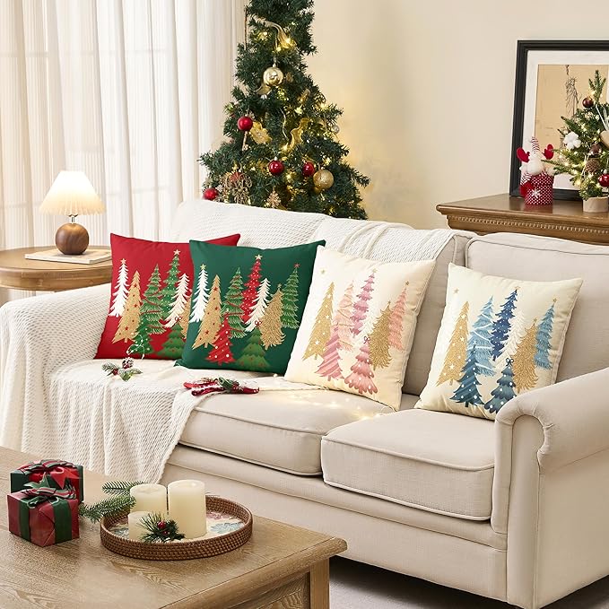 Christmas Pillow Covers 18x18 Inch Set of 2 Green Decorative Christmas Tree Throw Pillows Linen Winter Holiday Decor for Home Sofa Couch Bed Chair