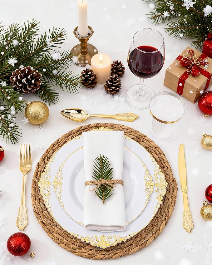 Nervure 700PCS Gold Plastic Plates - Gold Plastic Dinnerware Sets for 100 Guests - 200 Disposable Plates, 300 Silverware, 100 Cups, 100 Napkins for Wedding & Party & Thanksgiving