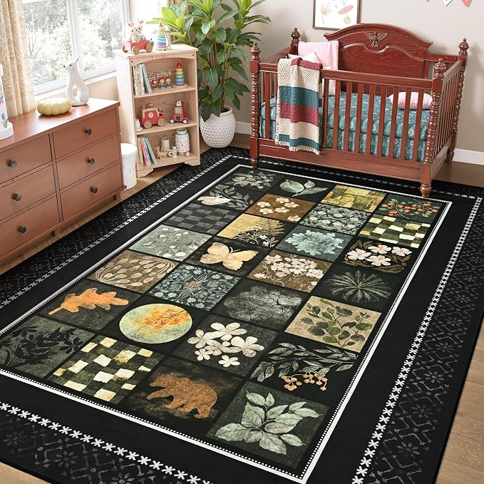 Tepook 8x10 Area Rugs for Living Room, Modern Large Geometric Rug for Bedroom, Washable Patchwork Rug Indoor Non Slip Throw Carpets for Dining Room Office Farmhouse Home Decor, Black