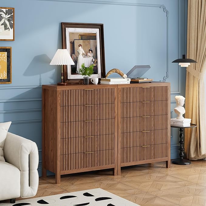 JZXSHD 43" 5 Drawer Dresser Tall Dresser Organizer TV Drawer Cabinet Modern Wood Storage Cabinet, Modern Wood Storage Cabinet for Bedroom, Hallway, Entryway, Walnut