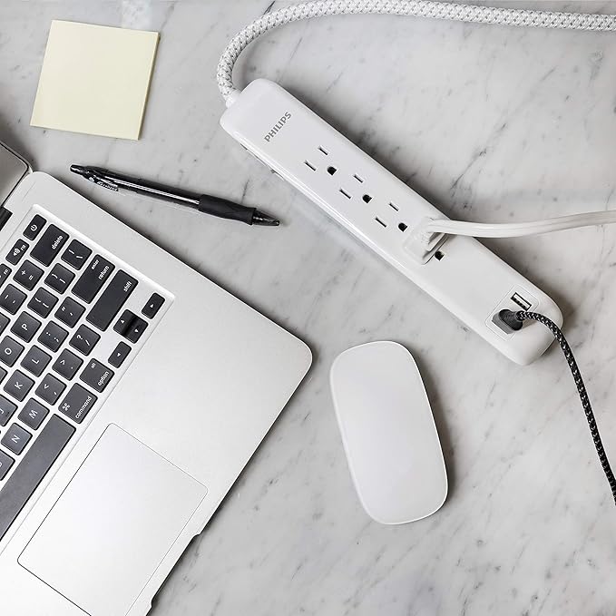 Philips 4 Outlet Power Strip Surge Protector with 2 USB Ports, 4 Ft Power Cord, Designer Braided Extension Cord, Flat Plug Extension Cord, 720 Joules, White, SPC6244WC/37