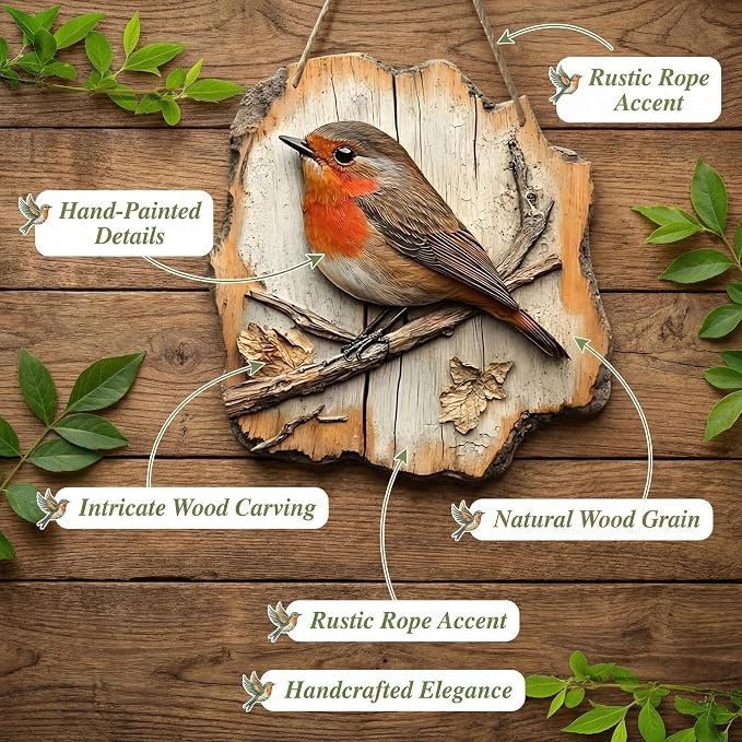 Cumuul Handmade Boxwood Bird Wall Hanging - Vintage 2D Bird Wooden Signage, Rustic Farmhouse Robin Bird Wall Decor, Wood Texture, Indoor Outdoor Garden Decoration (#5)