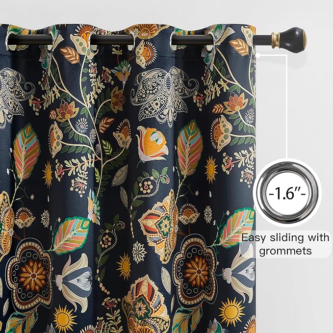 XiDi Navy Blue Blackout Curtains 90 Inches Long with Vintage Floral Leaf Patterned for Bedroom 2 Panels Room Darkening Thermal Insulated Mid Century Modern Curtains Grommet Drapes Home Decor 52x90