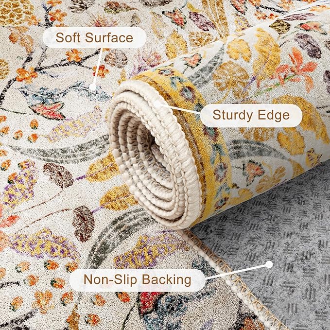 AMTOVO 8x10 Washable Area Rugs for Living Room, Non-Slip&Non-Shedding Large Soft Boho Floral Vintage Print Carpet for Bedroom Dining Room Farmhouse Nursery Kids Room Home Office, Golden Yellow
