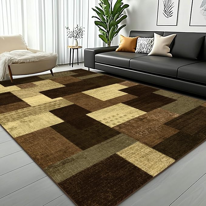 Modern Geometric Patchwork Indoor Area Rug for Living Room, Warm Taupe 6x9 Large Rug Rockwood Collection Hardwood Floors Decor for Bedroom, Taupe Throw Carpet for Office Entryway Dining Room