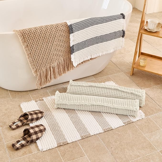 Waffle Bath Mat Non Slip, Boho Runner Rug, Super Absorbent Quick Dry Long Bath Runner Bathroom, Soft Farmhouse Bath Rug with Tassels, Washable Shower Mats for Floor 24"x48", Square Cream