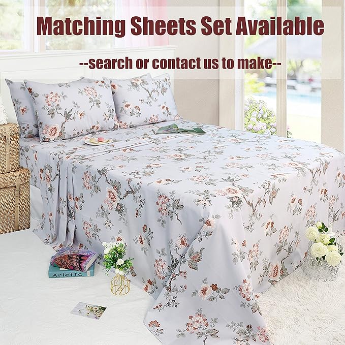 FADFAY Duvet Cover Set Elegant Floral Bedding Shabby Grey Bird Flower Quilt Cover Set Vintage Farmhouse Bedding 100% Cotton Comforter Cover Set with Zipper Closure 3Pcs, King/California King Size