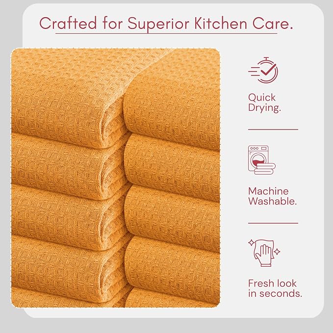 TWINY threads Mustard Yellow Kitchen Towels Set of 12 - Soft, Absorbent 100% Cotton Waffle Weave Dish Towels - Absorbent, Fast Dry Hand Towels with Loop for Fall Decor & Dining - 16"x26"