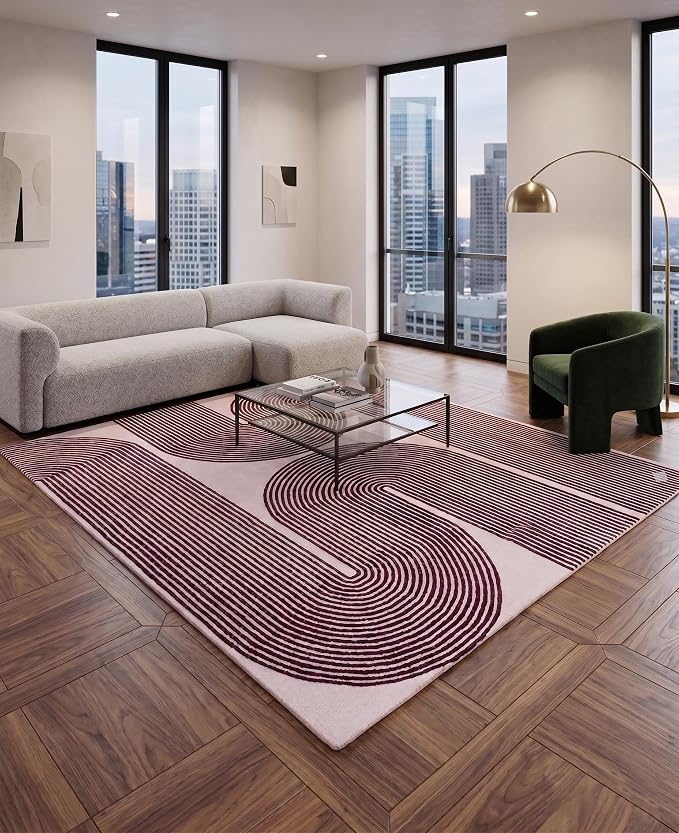 Modern Handmade Wool Area Rug, Abstract Curved Line Geometric Carpet for Living Room Bedroom, Contemporary Tufted Indoor Rug with Soft Pile and Cotton Backing (Deep Plum, 5' x 7')