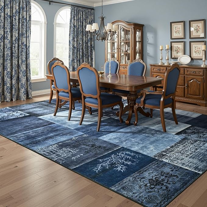 Tepook 6x9 Blue Area Rugs for Living Room, Modern Large Geometric Rug for Bedroom, Washable Patchwork Rug Indoor Non Slip Throw Carpets for Dining Room Office Farmhouse Home Decor