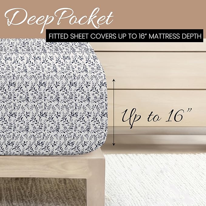 Linen Market 4 Piece King Sheet Set - Breathable, Double-Brushed Patterned Cooling Sheets – Oeko-TEX Certified Ultra Soft & Wrinkle-Free 16" Deep-Pocket King Sheets - Easy Care Burst of Vines Navy