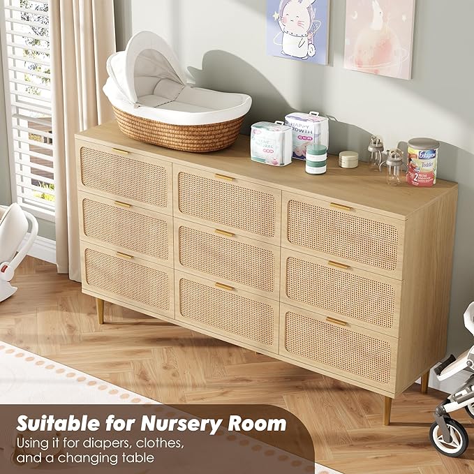 Garvee Rattan Dresser with 9 Drawers, Tall Modern Closet with Deep Storage, Large Chest of Drawers with Wide Top, Long Wooden Dresser for Bedroom, Living Room, Hallway, Kids Room, Natural