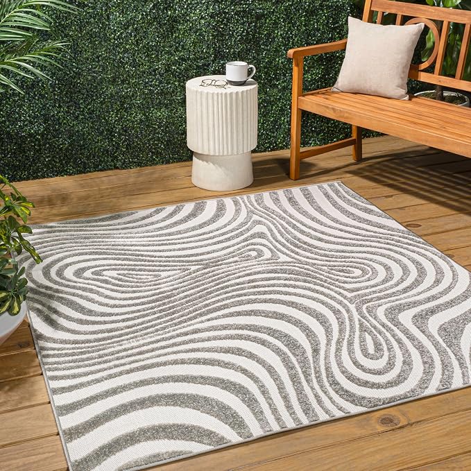 JONATHAN Y Maribo High-Low Abstract Striped Gray/Ivory 9x9 Square Indoor/Outdoor Area Rug, Pet Friendly, Non-Shedding, Stain Resistant, Easy-Cleaning for Backyard, Patio, Porch (SCN103B-9SQ)
