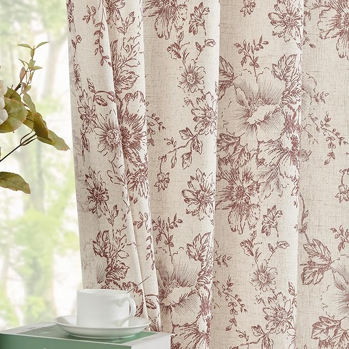 jinchan Linen Blend Curtain Floral Curtains for Living Room 54 Inch Length Christmas Brick Red Printed Curtain Rod Pocket Back Tab Farmhouse Peony Flower Patterned Drapes Curtains Set 2 Panels