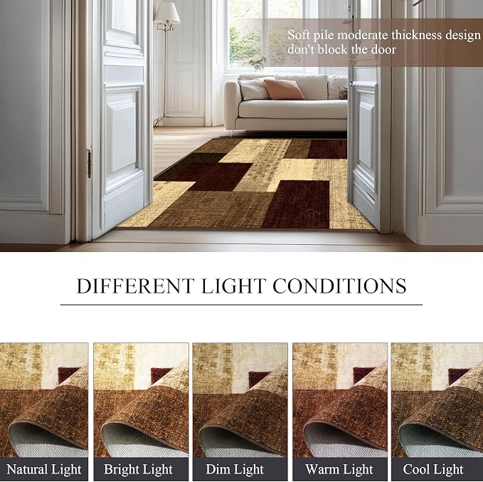 Modern Geometric Patchwork Indoor Area Rug for Living Room, Red 4x6 Large Rug Rockwood Collection Hardwood Floors Decor for Bedroom, Burgundy Throw Carpet for Office Entryway Dining Room