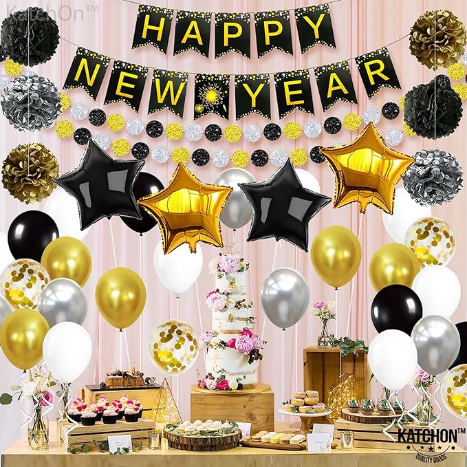 KatchOn, New Years Eve Party Supplies 2026 - Big, Pack of 70 | Happy New Years Decorations 2026 | Hanging Swirls, PomPoms, NYE Decorations 2026 | Eve Decorations