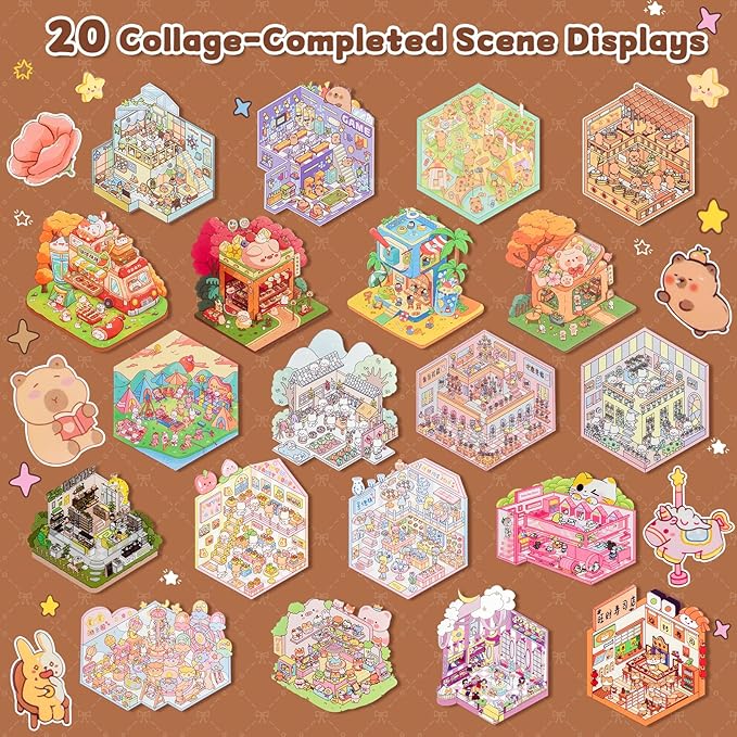 ASTARON 20 Sets DIY 3D Sticker Scene Book Sticker Therapy for Adults, Make Your Own Mini Cozy Shop House Room Stickers Cute Cartoon Miniature Stickers Relief Stress Pass The Time