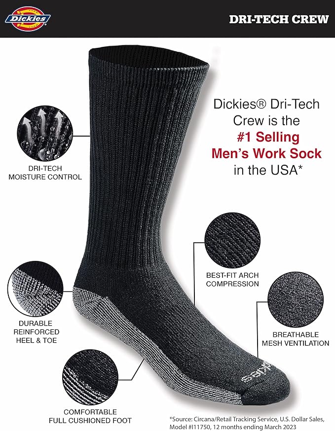 Dickies Men's Dri-Tech Original Moisture Control Crew Socks, Available in M-XXL (6, 12, 18 Pairs)