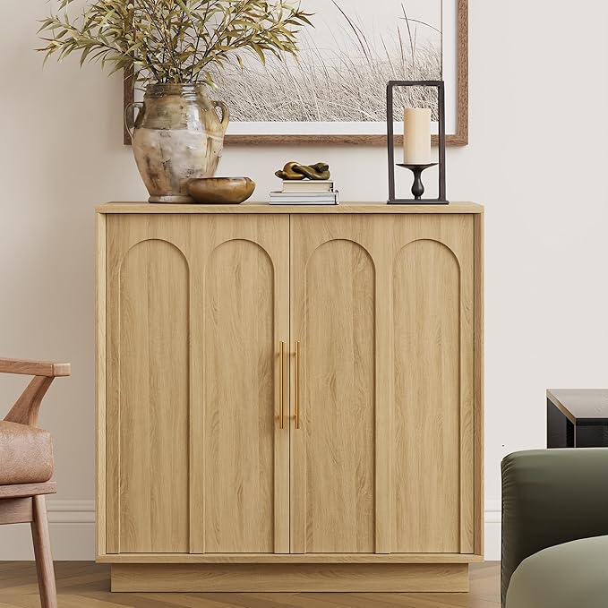 FORTUNETEC Sideboard Buffet Cabinet with Storage, Modern Accent Cabinet with Arched Doors, Boho Modular Media Console, 31.5" Minimalist Credenza for Living Room Kitchen Dining Room Entryway, Oak