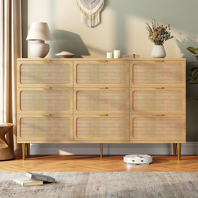 Garvee Rattan Dresser with 9 Drawers, Tall Modern Closet with Deep Storage, Large Chest of Drawers with Wide Top, Long Wooden Dresser for Bedroom, Living Room, Hallway, Kids Room, Natural
