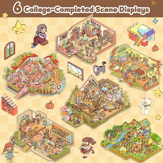 ASTARON 6 Sets DIY 3D Sticker Scene Book Sticker Therapy for Adults, Make Your Own Mini Cozy Shop House Room Stickers Cute Cartoon Miniature Stickers, Relief Stress Pass The Time