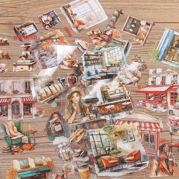Auguro Scrapbooking Sticker 20 Sheets 120 Pre-Cut PET Coffee Shop Girls People Stickers Books for journaling Scrapbook Supplies Coffee Sticker Book for Scrapbooking
