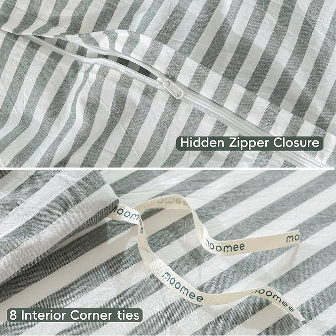 MooMee Striped Duvet Cover Set 100% Washed Cotton Linen Like Textured Breathable Durable Soft Comfy (Heathered Green Classic Stripes, Twin 68"x90")